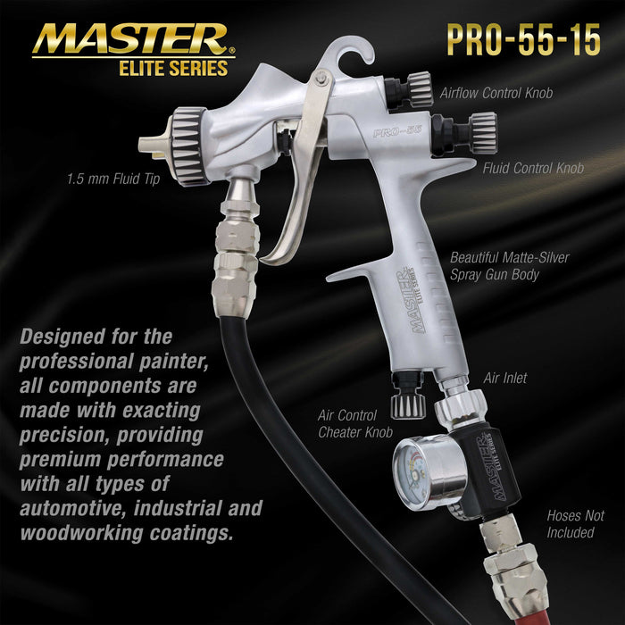 PRO-55 HVLP Automotive Spray Paint Gun with 1.5mm Tip - Pressure Feed Spray Gun for Painting Car Basecoats, Clearcoats, Industrial Coatings & Woodworking Coatings - Superior Atomization