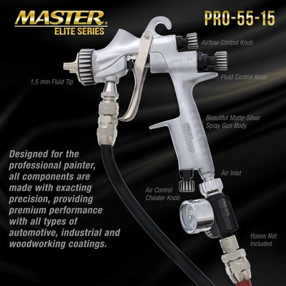 PRO-55 HVLP Automotive Spray Paint Gun with 1.5mm Tip - Pressure Feed Spray Gun for Painting Car Basecoats, Clearcoats, Industrial Coatings & Woodworking Coatings - Superior Atomization