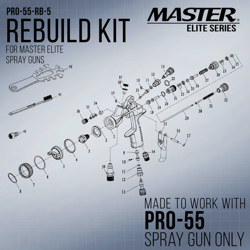 PRO-55 Pressure Feed HVLP Spray Gun Rebuild Kit - For Repair and Maintenance - Contains Seals, Spring, Trigger Pivot, Clips
