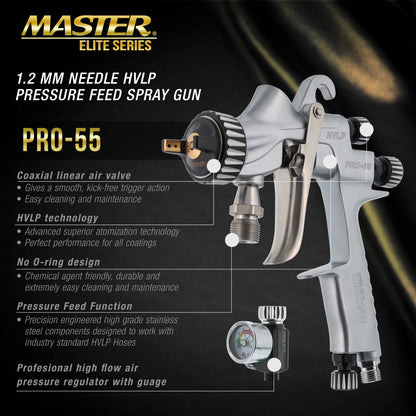 PRO-55 HVLP Automotive Spray Paint Gun with 1.2mm Tip - Pressure Feed Spray Gun for Painting Car Basecoats, Clearcoats, Industrial Coatings & Woodworking Coatings - Superior Atomization