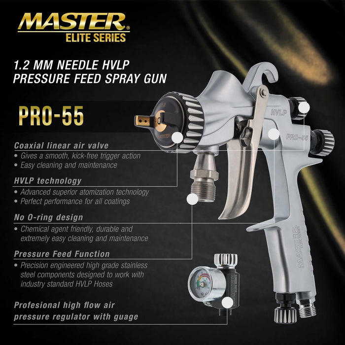 PRO-55 HVLP Automotive Spray Paint Gun with 1.2mm Tip - Pressure Feed Spray Gun for Painting Car Basecoats, Clearcoats, Industrial Coatings & Woodworking Coatings - Superior Atomization