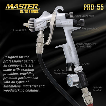 PRO-55 HVLP Automotive Spray Paint Gun with 1.2mm Tip - Pressure Feed Spray Gun for Painting Car Basecoats, Clearcoats, Industrial Coatings & Woodworking Coatings - Superior Atomization