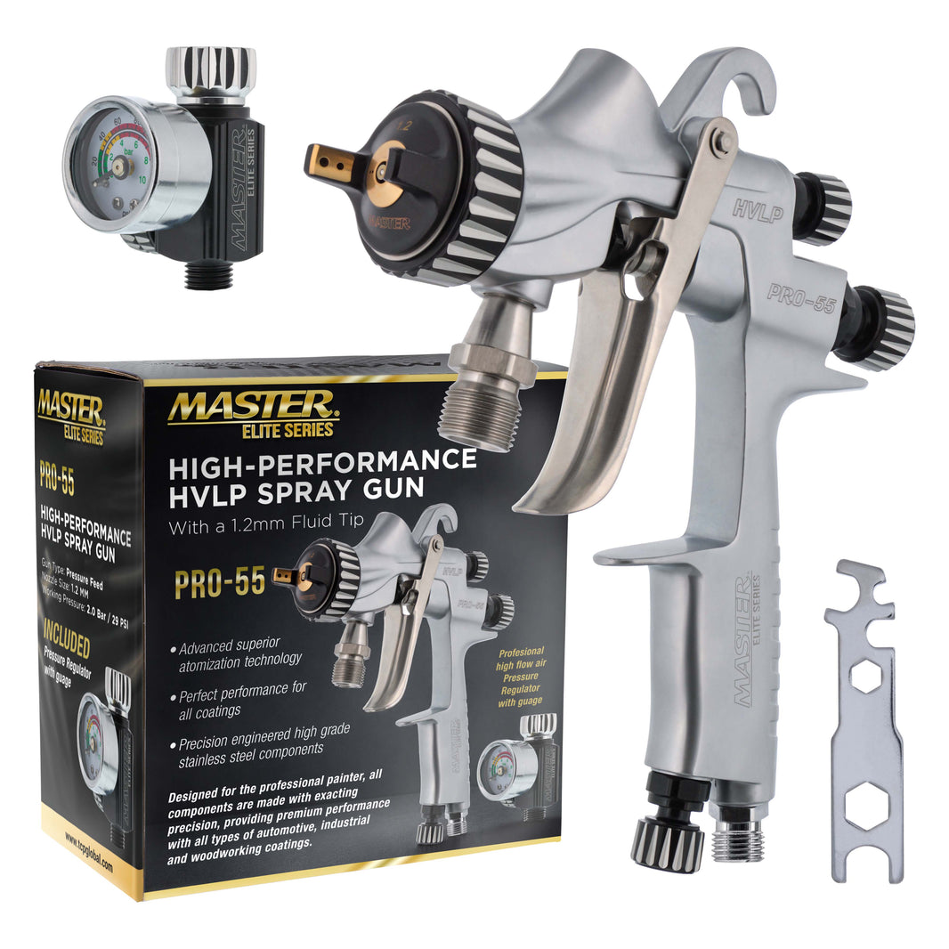 PRO-55 HVLP Automotive Spray Paint Gun with 1.2mm Tip - Pressure Feed Spray Gun for Painting Car Basecoats, Clearcoats, Industrial Coatings & Woodworking Coatings - Superior Atomization