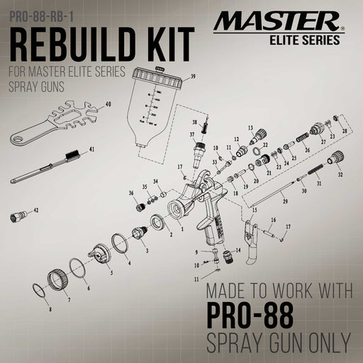 HVLP Spray Gun Rebuild Kit #1 - Spray Head Parts, Seals, Baffle, Spring, Trigger Pivot, Clips - For PRO-88 HVLP Spray Guns