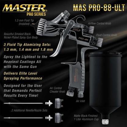 Performance PRO-88 HVLP Automotive Spray Paint Gun with 3 Tips 1.3, 1.4 and 1.8mm, 1L Cup, Regulator Gauge, MPS Adapter