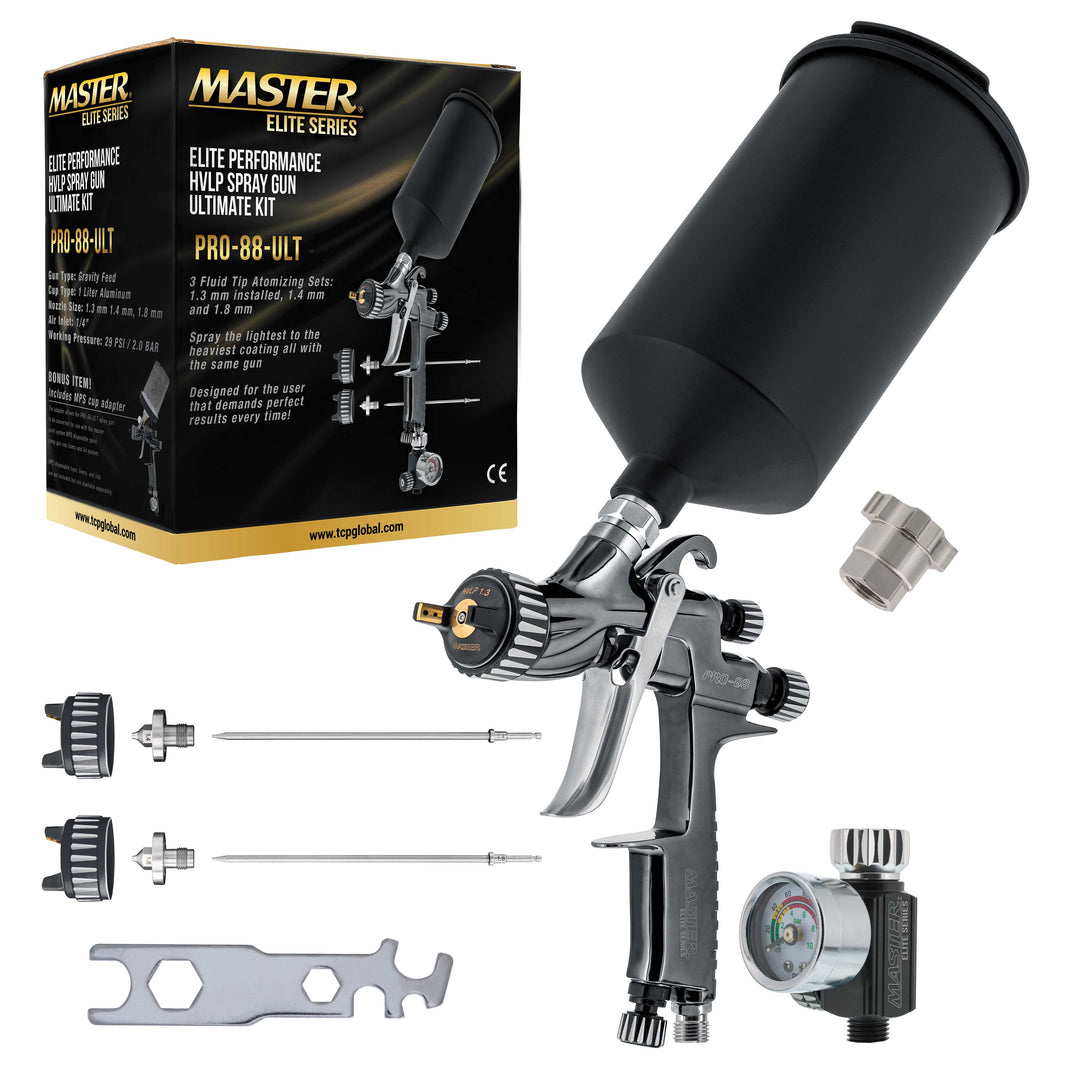 Performance PRO-88 HVLP Automotive Spray Paint Gun with 3 Tips 1.3, 1.4 and 1.8mm, 1L Cup, Regulator Gauge, MPS Adapter