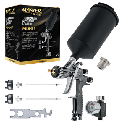 Performance PRO-88 HVLP Automotive Spray Paint Gun with 3 Tips 1.3, 1.4 and 1.8mm, 1L Cup, Regulator Gauge, MPS Adapter