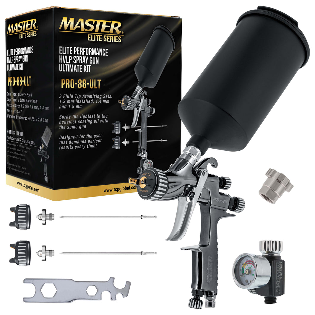 Performance PRO-88 HVLP Automotive Spray Paint Gun with 3 Tips 1.3, 1.4 and 1.8mm, 1L Cup, Regulator Gauge, MPS Adapter