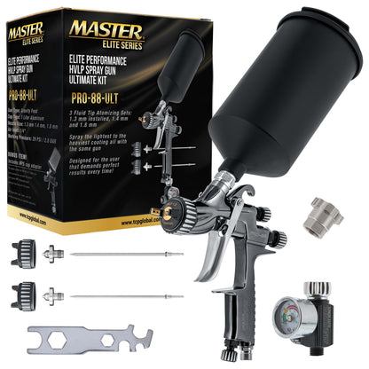 Performance PRO-88 HVLP Automotive Spray Paint Gun with 3 Tips 1.3, 1.4 and 1.8mm, 1L Cup, Regulator Gauge, MPS Adapter