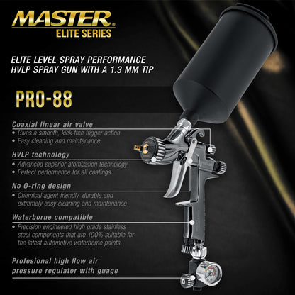 Performance PRO-88 HVLP Automotive Spray Paint Gun with 1.3mm Tip, 1L Cup, Regulator Gauge, MPS Adapter