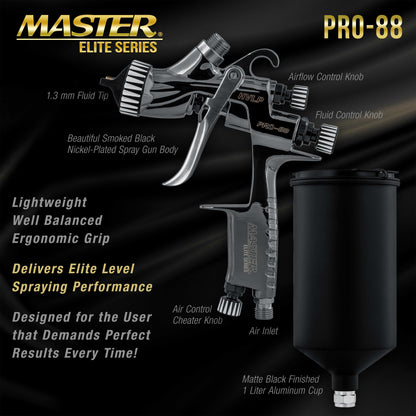 Performance PRO-88 HVLP Automotive Spray Paint Gun with 1.3mm Tip, 1L Cup, Regulator Gauge, MPS Adapter