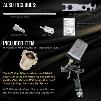 Performance PRO-88 HVLP Automotive Spray Paint Gun with 1.3mm Tip, 1L Cup, Regulator Gauge, MPS Adapter