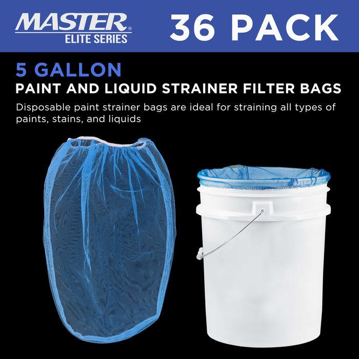 Master Elite 5 Gallon Paint & Liquid Strainer Filter Bag with Pure Blue Fine Nylon Mesh, Pack of 36 - Used in 5 Gallon Buckets