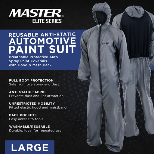 Master Elite Reusable Anti-Static Automotive Paint Suit (Large) - Breathable Protective Auto Spray Paint Coveralls with Hood & Mesh Back - Polyester Fabric, Comfortable Fit, Heat Regulating, Washable