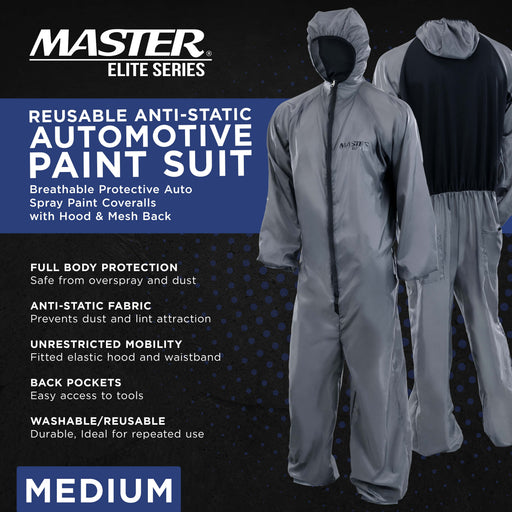Master Elite Reusable Anti-Static Automotive Paint Suit (Medium) - Breathable Protective Auto Spray Paint Coveralls with Hood & Mesh Back - Polyester Fabric, Comfortable Fit, Heat Regulating, Washable