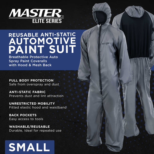 Master Elite Reusable Anti-Static Automotive Paint Suit (Small) - Breathable Protective Auto Spray Paint Coveralls with Hood & Mesh Back - Polyester Fabric, Comfortable Fit, Heat Regulating, Washable