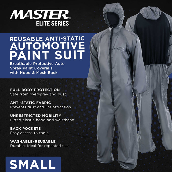 Master Elite Reusable Anti-Static Automotive Paint Suit (Small) - Breathable Protective Auto Spray Paint Coveralls with Hood & Mesh Back - Polyester Fabric, Comfortable Fit, Heat Regulating, Washable