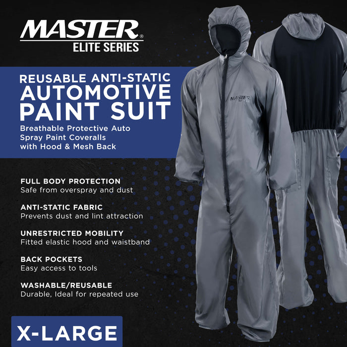 Master Elite Reusable Anti-Static Automotive Paint Suit (XL) - Breathable Protective Auto Spray Paint Coveralls with Hood & Mesh Back - Polyester Fabric, Comfortable Fit, Heat Regulating, Washable