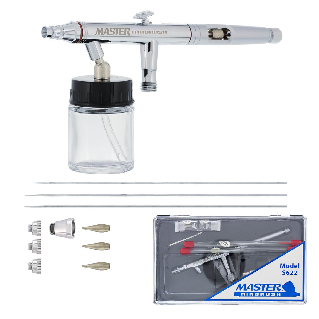 S62 Dual-Action Siphon Feed Airbrush Gun Set, 3 Nozzles, 3/4 oz Bottle, 6-Foot Braided Hose