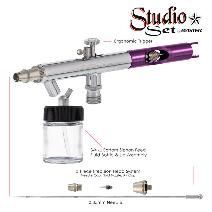 6 Master Performance S58 Dual-Action Siphon Feed Airbrushes with 0.35 mm Tips, 3/4 oz. Bottles, Color Coated Cutaway Handles & Storage Case