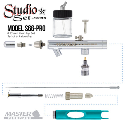 S66-PRO 6-Piece Dual-Action Siphon Feed Airbrush Set with 0.35mm Tips, 3/4 oz Bottles, Color-Coded Handles & Storage Case