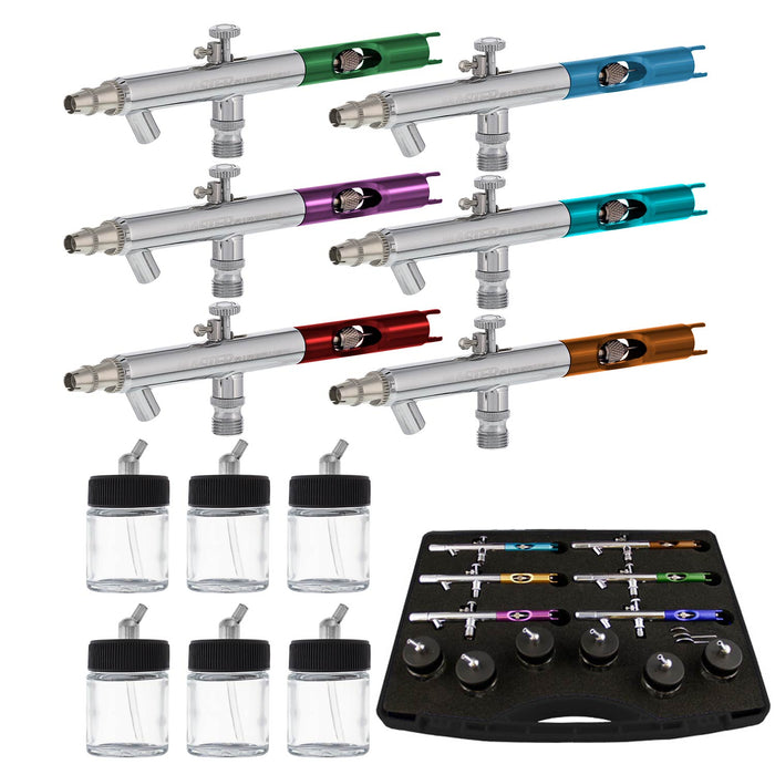 S66-PRO 6-Piece Dual-Action Siphon Feed Airbrush Set with 0.35mm Tips, 3/4 oz Bottles, Color-Coded Handles & Storage Case - Air Brush Guns for