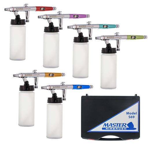 6 Master Hi-Flow S62 Dual-Action Siphon Feed Airbrushes with 0.5 mm tips, 2-3/4 oz Bottles, Color Coated Cutaway Handles & Storage Case
