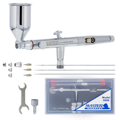 SB88 Dual-Action Side Feed Air brush Set with 3 Nozzle Set (0.3, 0.5, & 0.8mm Needles, Fluid Tips & Air Caps), 1/2 oz. Gravity Cup - Precision Detail