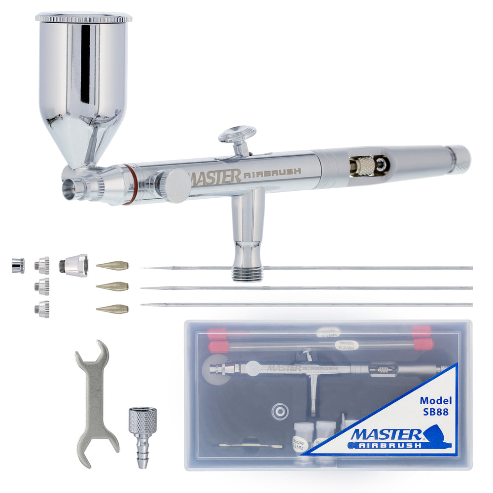 SB88 Dual-Action Side Feed Air brush Set with 3 Nozzle Set (0.3, 0.5, & 0.8mm Needles, Fluid Tips & Air Caps), 1/2 oz. Gravity Cup - Precision Detail