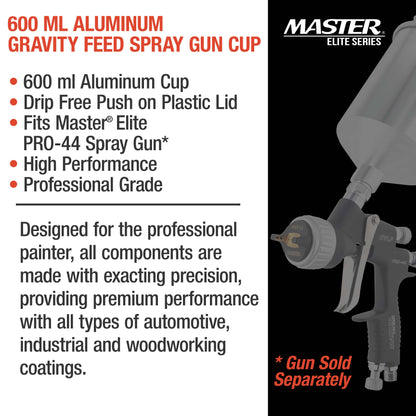 600 ml Aluminum Gravity Feed Spray Paint Gun Cup with a Drip-Free Plastic Push-On Lid - Cup Fits All PRO-44 Series HVLP Spray Guns