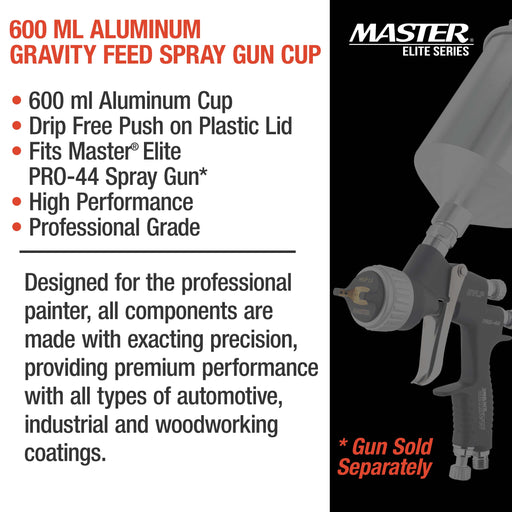 600 ml Aluminum Gravity Feed Spray Paint Gun Cup with a Drip-Free Plastic Push-On Lid - Cup Fits All Master Elite PRO-44 Series HVLP Spray Guns