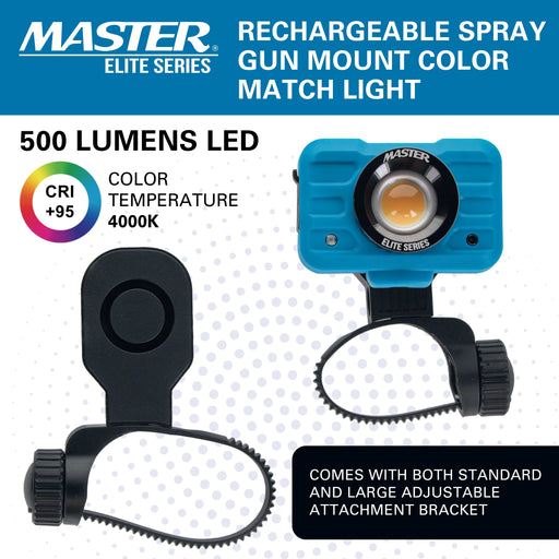 Master Elite Rechargeable Spray Gun Mount Color Match Light, 500 Lumen LED, CRI 95+ - Replicates Natural Sunlight, Illuminates Paint Surface