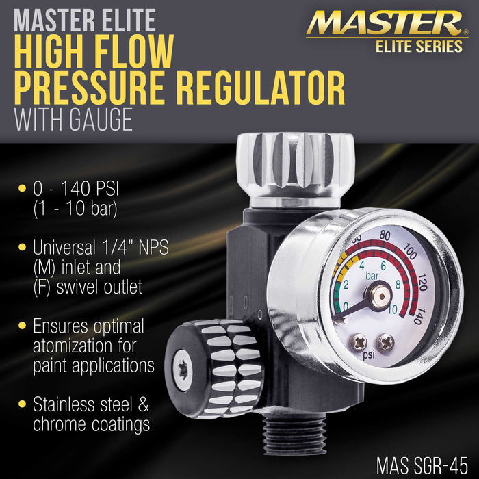 Master Elite High Flow Spray Gun Air Pressure Regulator with Gauge, 0 to 140 PSI - Air Flow Control Adjusting Valve For Air Tools