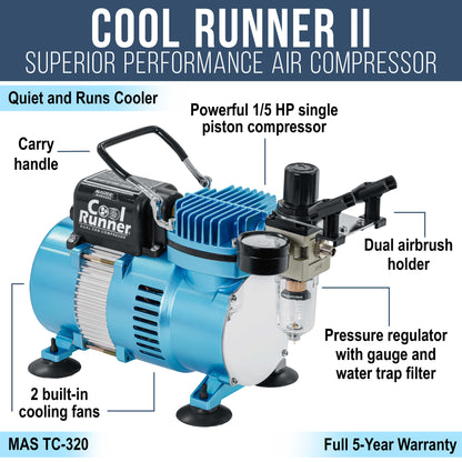 Air Brush Kit with Air Compressor TC-320, 1/5 HP Cool Runner II Dual Fan with Regulator, Water Trap & Holder
