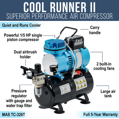 Air Brush Kit with Air Compressor TC-320, 1/5 HP Cool Runner II Dual Fan with Regulator, Water Trap & Holder