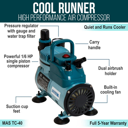 Model TC-40 Air Brush Compressor Kit - Cool Runner Professional Single-Piston Airbrush Compressor with Regulator, Gauge, Water Trap