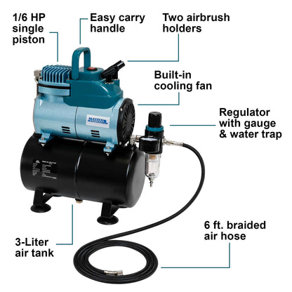 Model TC-40T Air Brush Compressor Kit - Cool Runner Professional Single-Piston Airbrush Compressor with 3-Liter Air Tank, Regulator