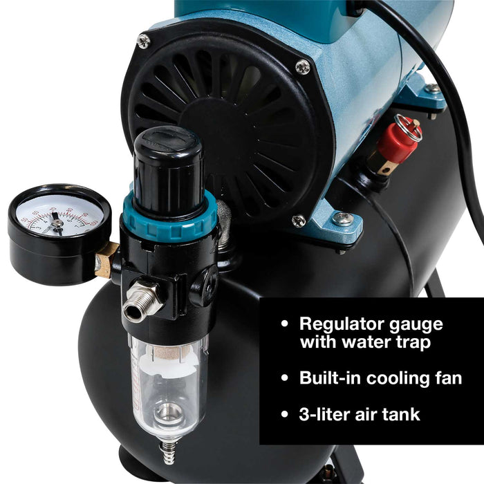 Cool Runner Professional High Performance Single-Piston Airbrush Air Compressor 3-Liter Tank, Holders, Regulator, Gauge, Water Trap Filter & Air Hose