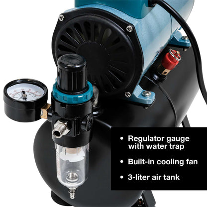 Model TC-40T Air Brush Compressor Kit - Cool Runner Professional Single-Piston Airbrush Compressor with 3-Liter Air Tank, Regulator