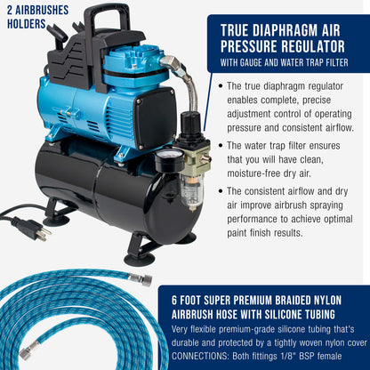 1/5 HP Super Cool Runner Dual Fan Tank Air Compressor Kit Model TC-426 - Professional Single-Piston, Regulator Water Trap, Holder