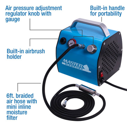 TC-77 Airbrush Compressor with Small Tank, Regulator, Mini In-Line Moisture Filter & 6' Braided Hose - 47 dB, High Performance Air