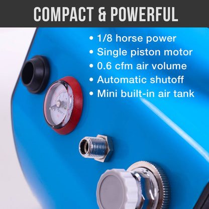 TC-77 Airbrush Compressor with Small Tank, Regulator, Mini In-Line Moisture Filter & 6' Braided Hose - 47 dB, High Performance Air