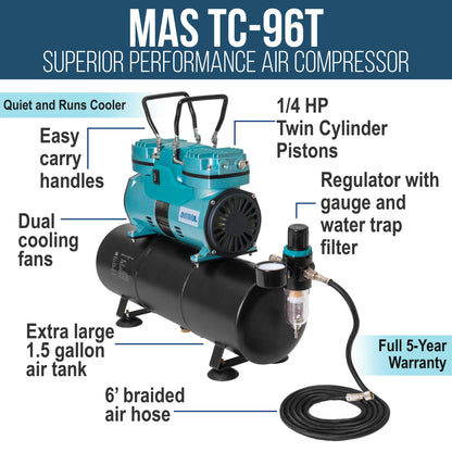 Model TC-96T Air Brush Compressor Kit - Cool Runner Professional Single-Piston Airbrush Compressor with 1.5 Gallon Air Tank