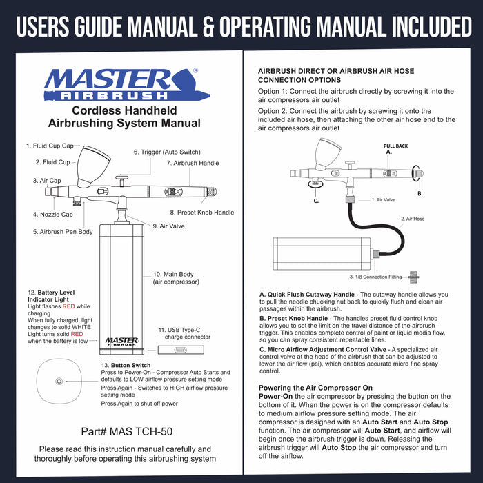 Master Airbrush Powerful Cordless Handheld Multipurpose Airbrushing System Kit - 20 to 36 PSI, Rechargeable - Acrylic Paint Makeup Cake Hobbies Crafts