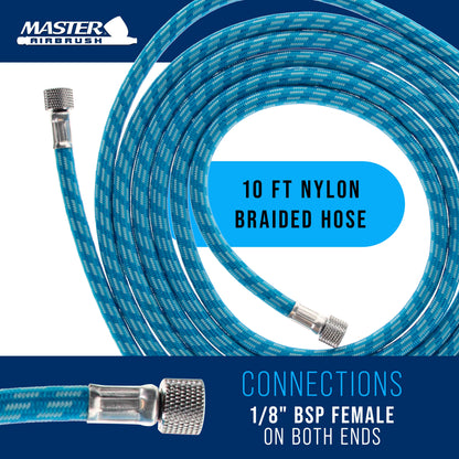 Super Premium 10 Foot Nylon Braided Airbrush Hose with Silicone Tubing - Standard 1/8" Size Fitting Ends, Flexible, Durable