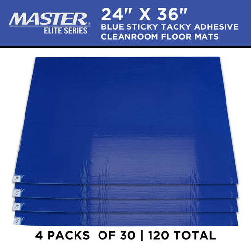 Master Elite Sticky Tacky Adhesive Cleanroom Floor Mats, 24" x 36", 4 Packs of 30 Blue Sheets - Trap Debris, Laboratory, Spray Booth, Construction