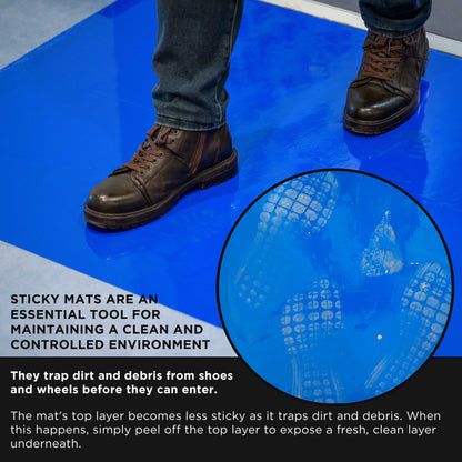 Sticky Tacky Adhesive Cleanroom Floor Mats, 24" x 36", 4 Packs of 30 Blue Sheets - Trap Debris, Laboratory, Spray Booth, Construction