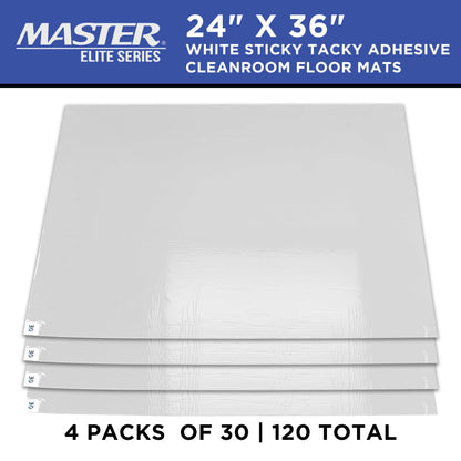 Sticky Tacky Adhesive Cleanroom Floor Mats, 24" x 36", 4 Packs of 30 White Sheets - Trap Debris, Laboratory, Spray Booth, Construction