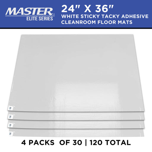 Master Elite Sticky Tacky Adhesive Cleanroom Floor Mats, 24" x 36", 4 Packs of 30 White Sheets - Trap Debris, Laboratory, Spray Booth, Construction