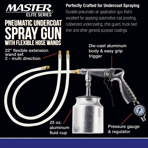 Master Elite Undercoating Spray Gun with Regulator, 25 oz Suction Feed Cup & 2 Flexible Extension Wands - Pneumatic Automotive Application Sprayer Undercoating Gun for Truck Bed Liner & Rust Proofing